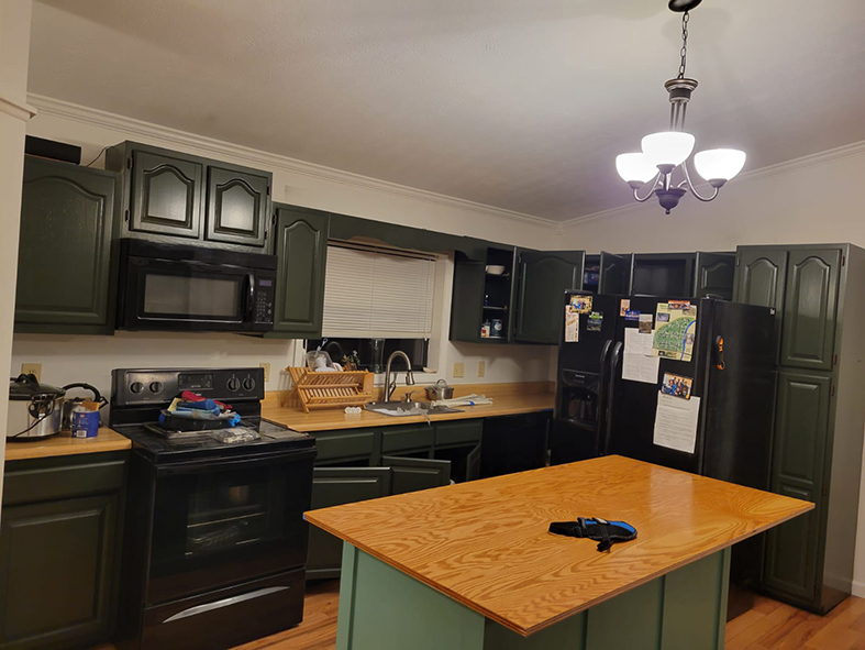 Custom Kitchen Remodeling Asheville - painted olive green raised panel cabinets with wood countertop