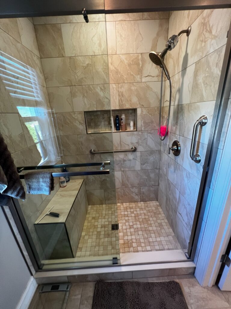 Custom bathroom remodeling Asheville - 2x2 shower floor with bench and sliding glass door