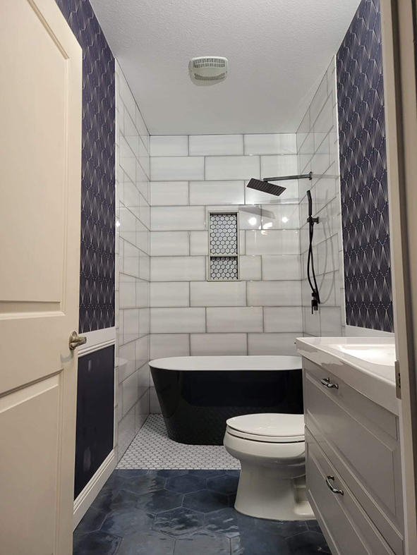 Hexagonal tile floor with combo tub and walk-in shower