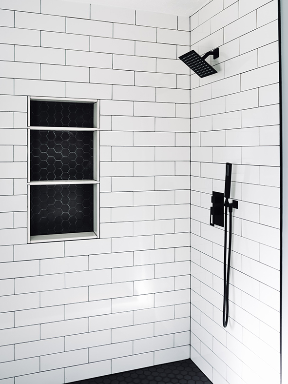 Subway tile with custom niche 12x28 and hexagonal shower floor