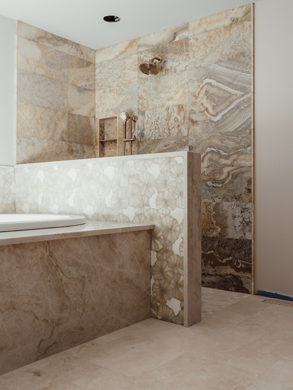 Custom bathroom remodeling Asheville - walk-in shower with travertine tile